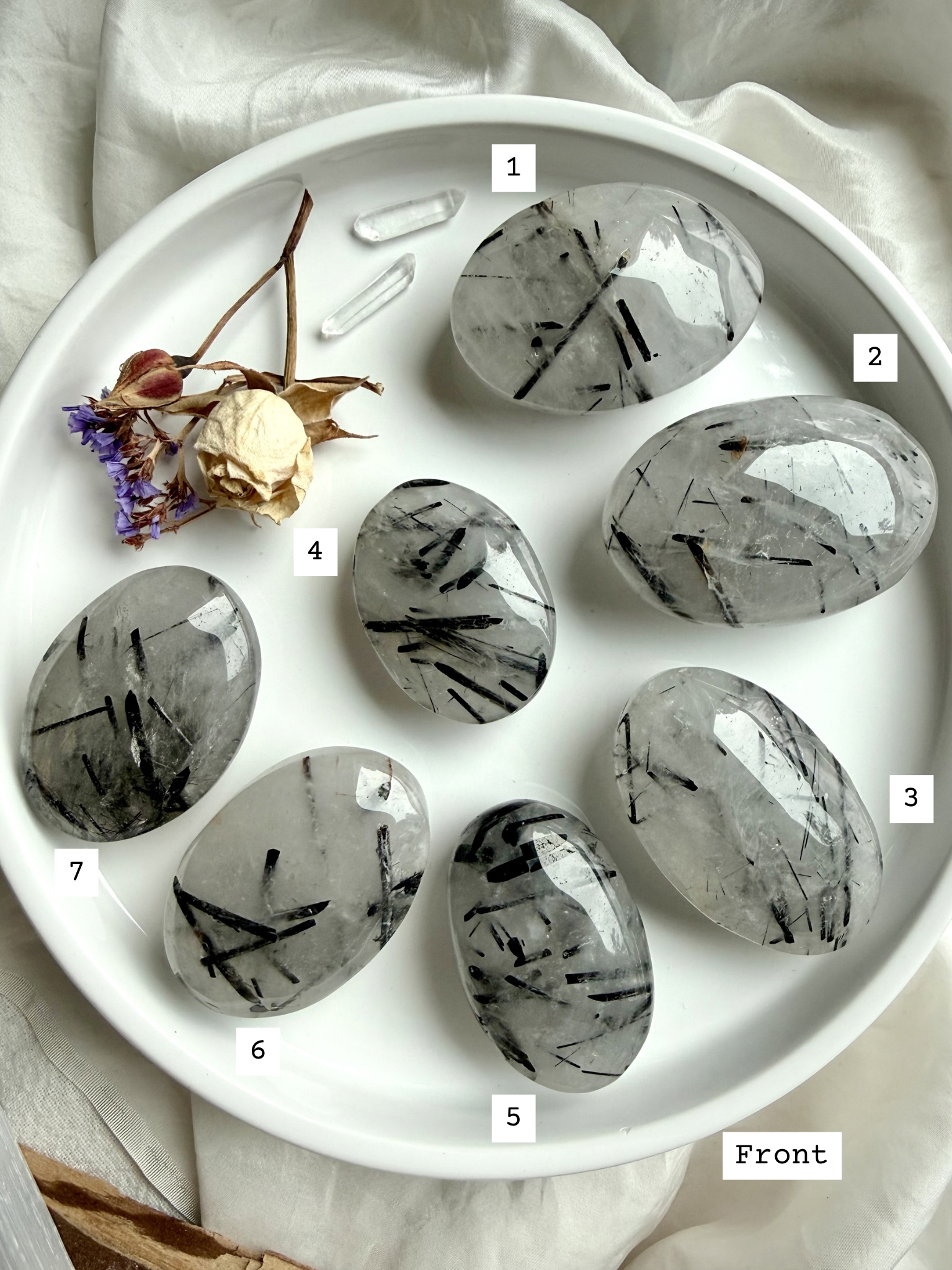 Black Tourmaline in Quartz palm stones labeled choose your own Tourmalinated Quartz protection crystals front view