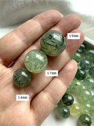 prehnite mini spheres with size reference showing diameter options and natural variation