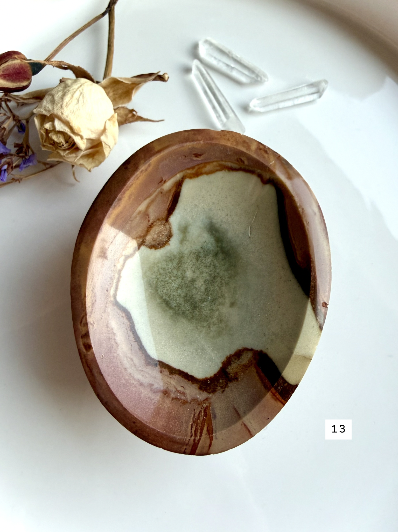 polychrome jasper bowl styled with crystals earthy stone dish for altar decor and sacred space