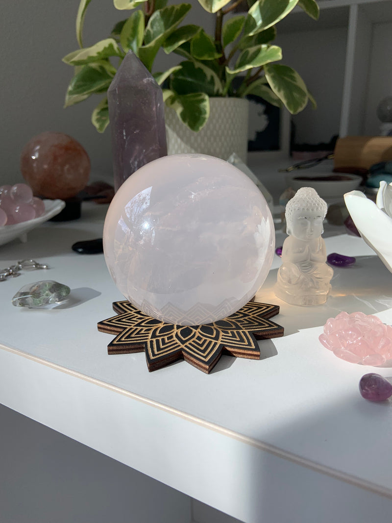 Wood Mandala Sphere Stand + Crystal Holder