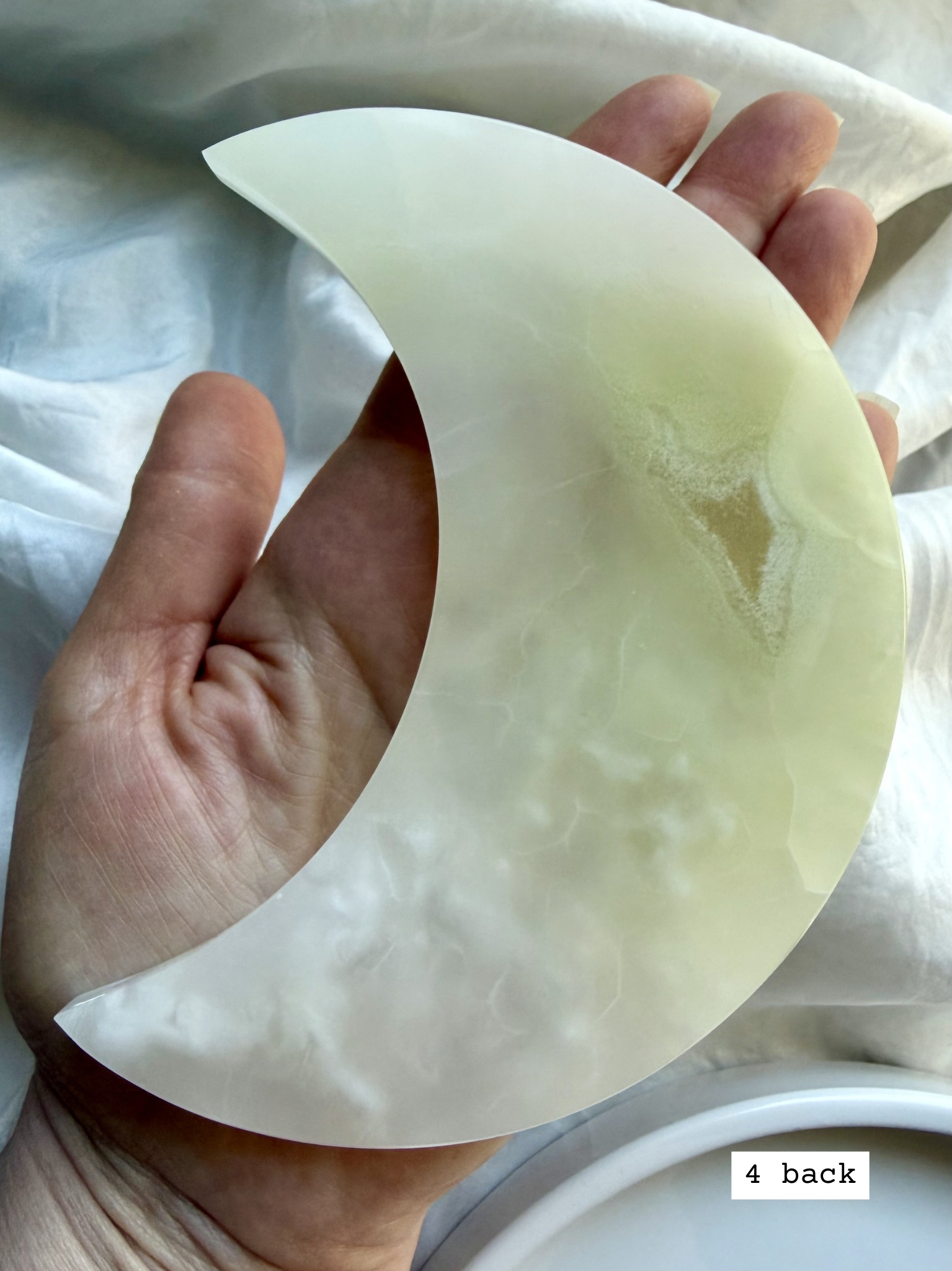 white onyx crescent moon plate # 4 back natural green toned Mexican onyx with cloudy translucence