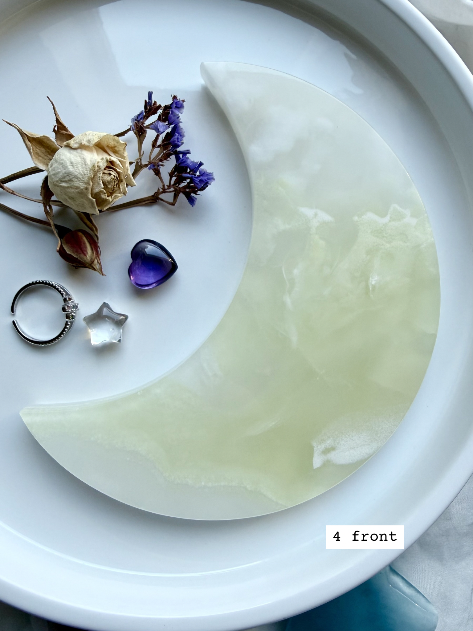 white onyx crescent moon plate # 4 front Mexican onyx crystal moon with soft green and white banding