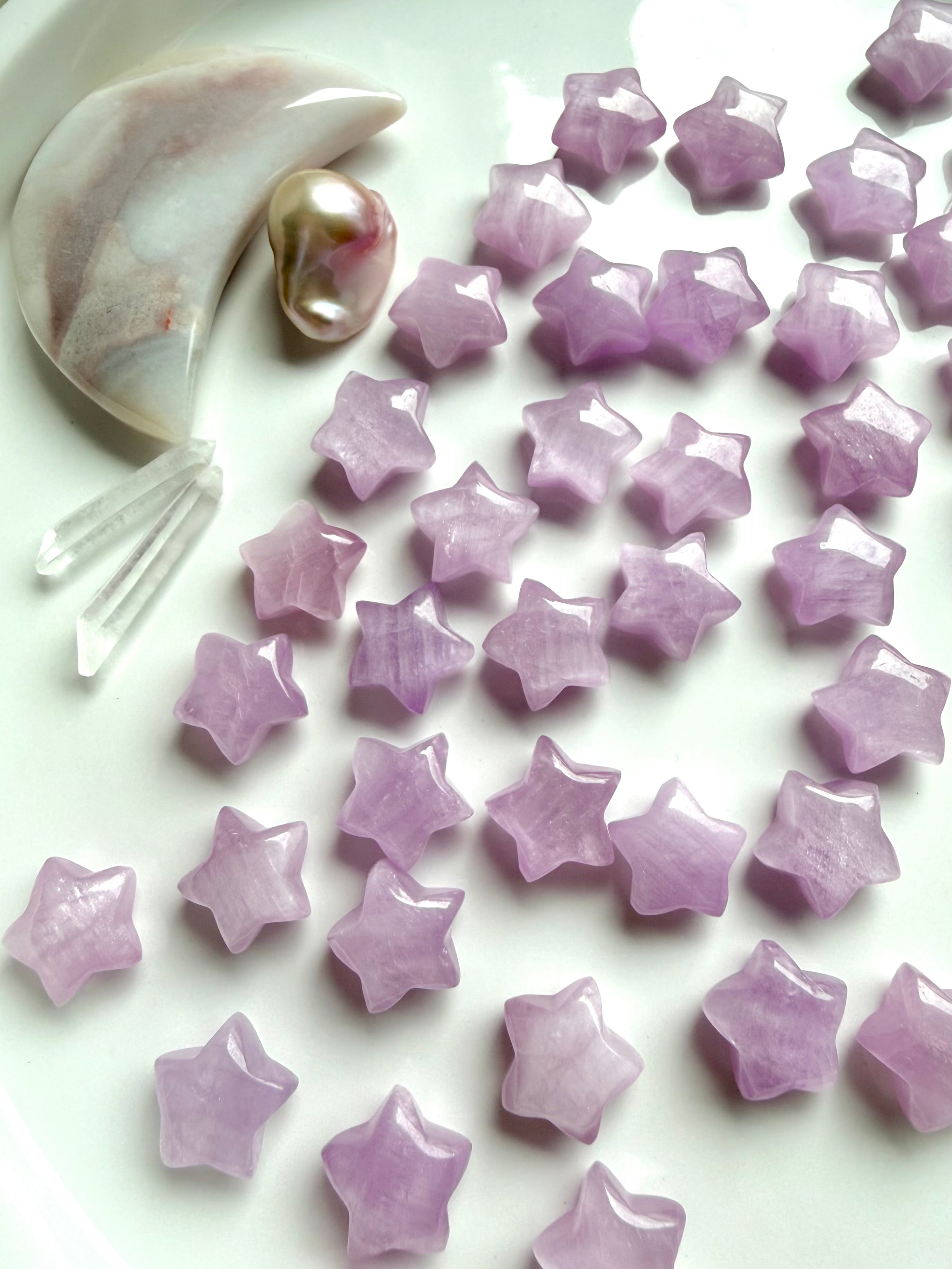 Mini Kunzite star crystals in soft pink and lavender for Divine Love, emotional healing and Heart Chakra energy