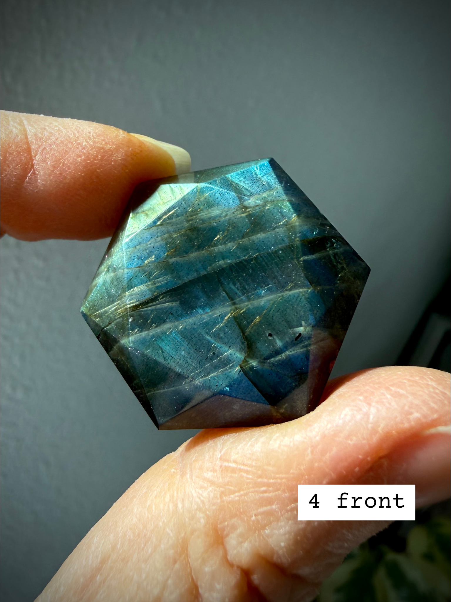 Faceted Labradorite hexagon crystal – Star of David sacred geometry for Third Eye Chakra, teal blue labradorescence, front view