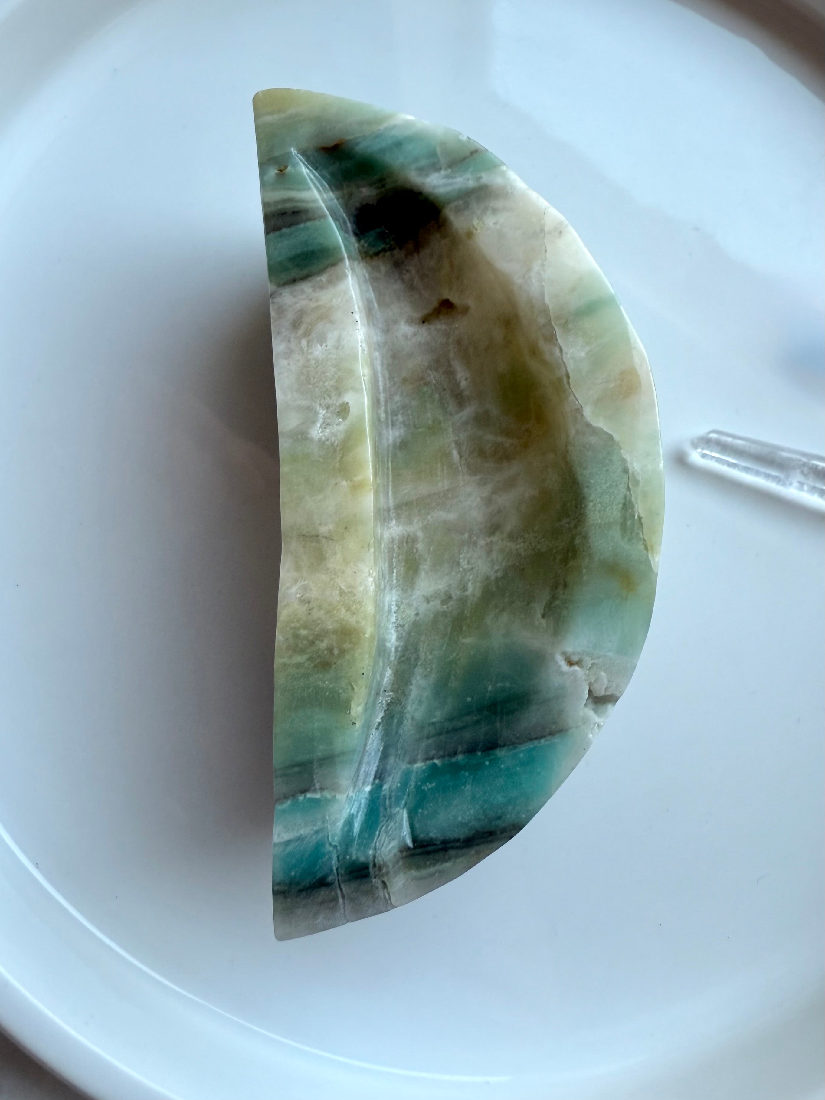 Sky Blue Quartz crescent moon bowl – a rare gemstone vessel for grounding, intention setting, and energy work