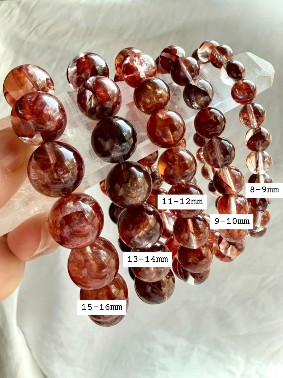 Fire Quartz bracelet bead size guide showing round Red Hematoid Quartz beads and available millimeter sizes