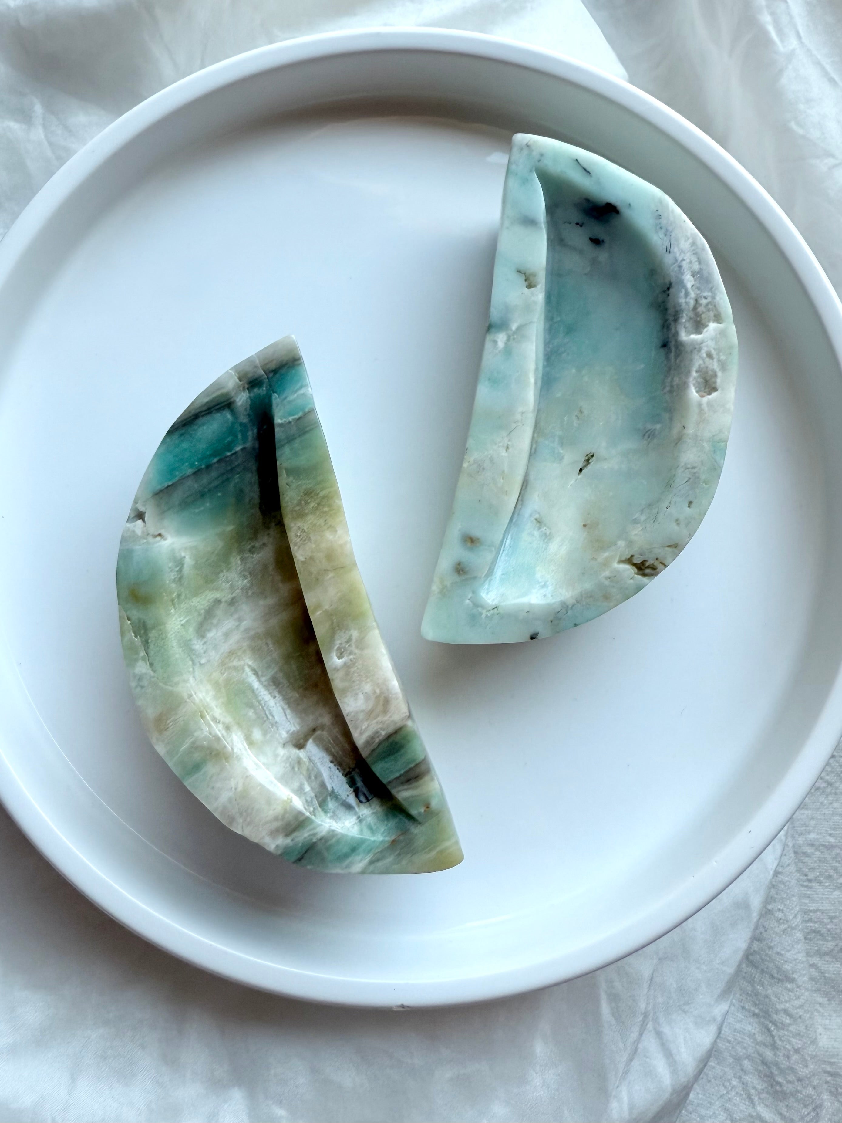 Sky Blue Quartz crescent moon bowls with natural aqua, green, and beige banding – hand-carved gemstone vessels for altar or ritual use