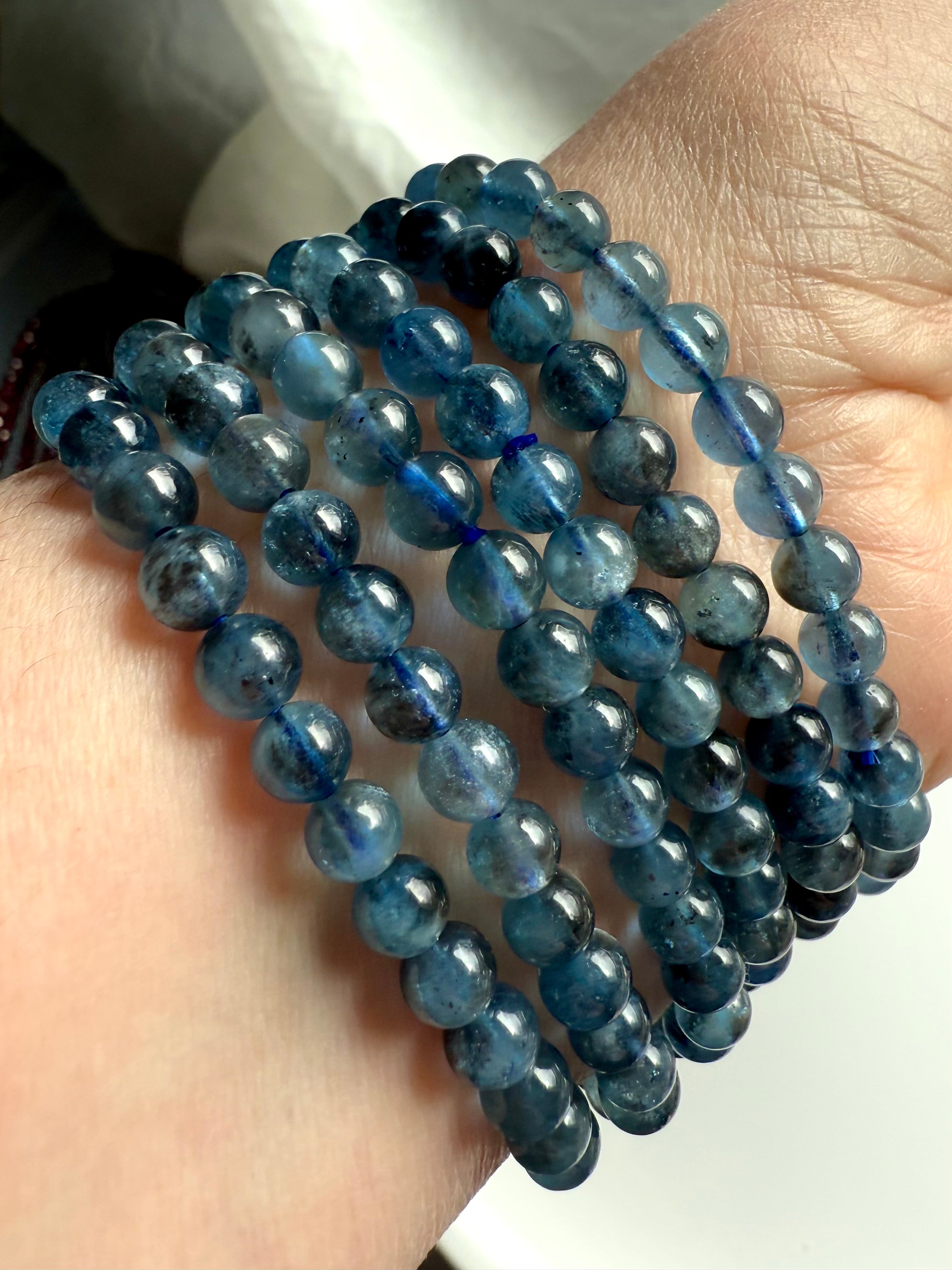 Devil Aquamarine Bracelet with Black Tourmaline Inclusions – Deep Blue Aquamarine Crystal Bracelets with Cat’s Eye Shimmer