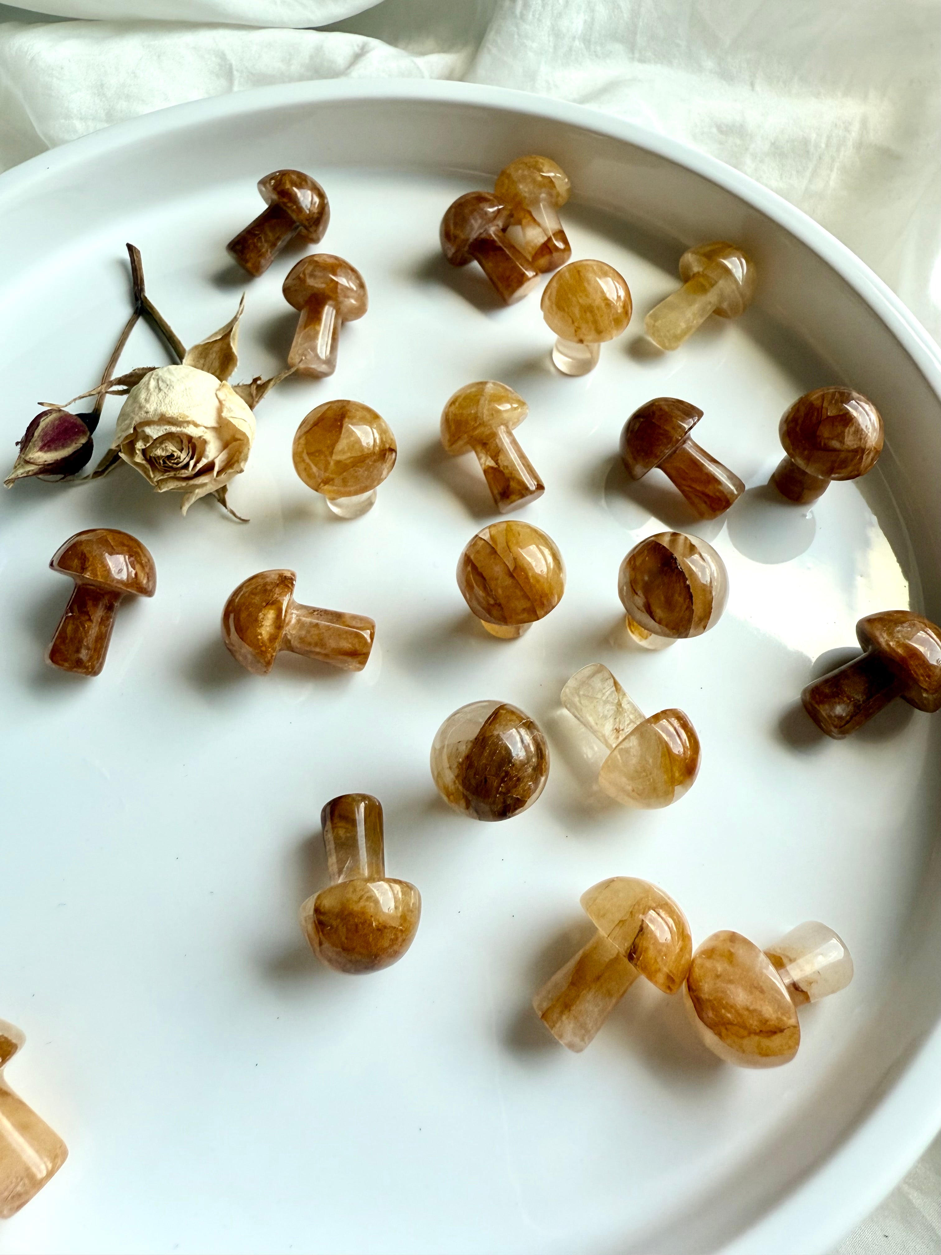 Group of Golden Healer Quartz crystal mushrooms with dried rose accent — spiritual altar décor and healing carvings for balance and harmony.