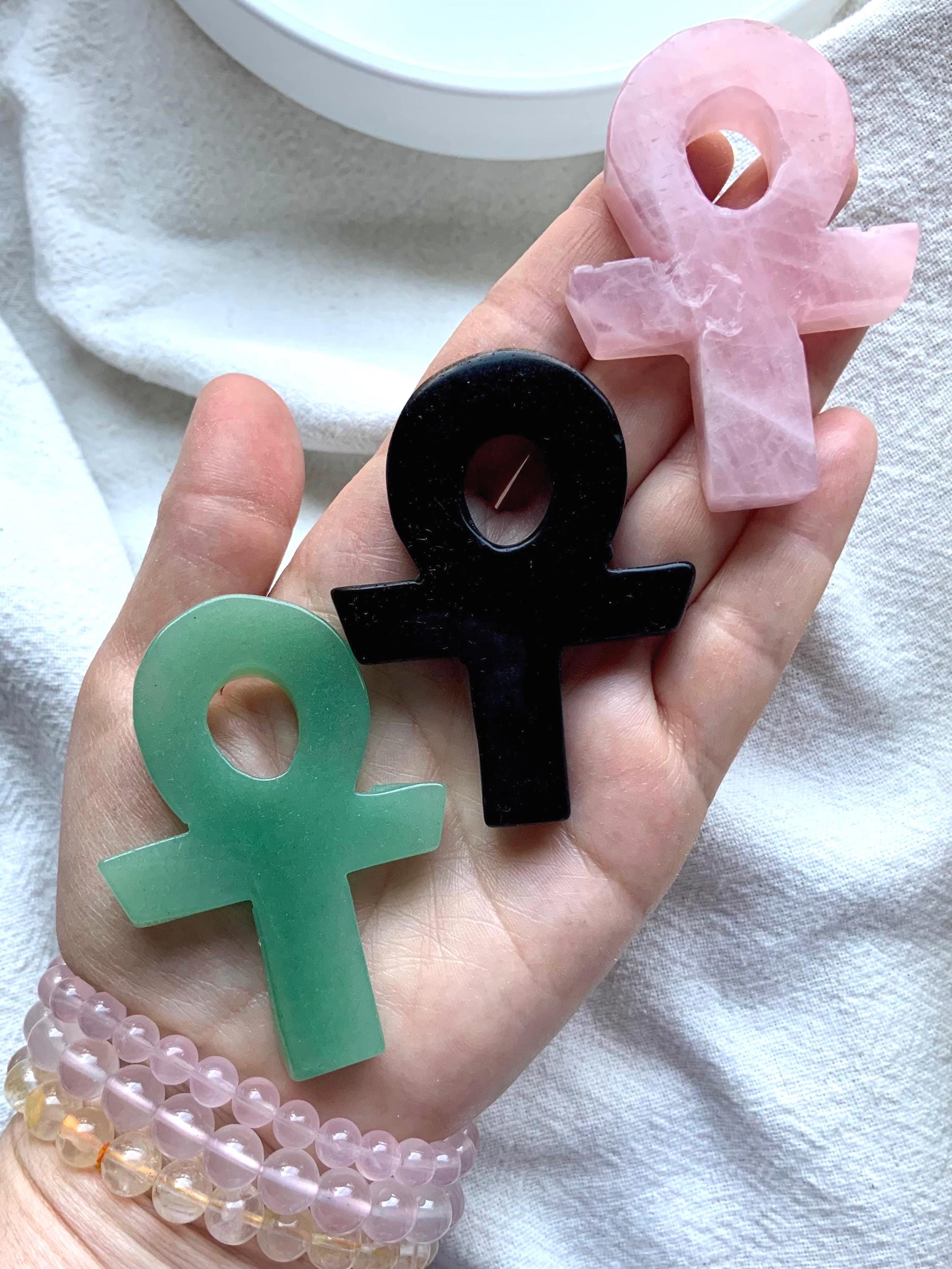 Hand Carved Crystal Ankhs in Rose Quartz, Black Obsidian, and Green Aventurine