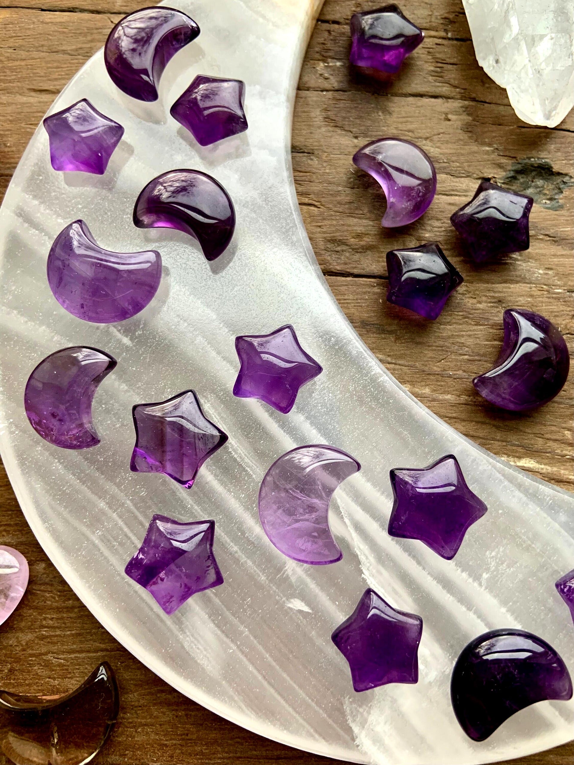 Amethyst Moon and Star Shapes, Mini Crystal Carvings for Crystal Grids