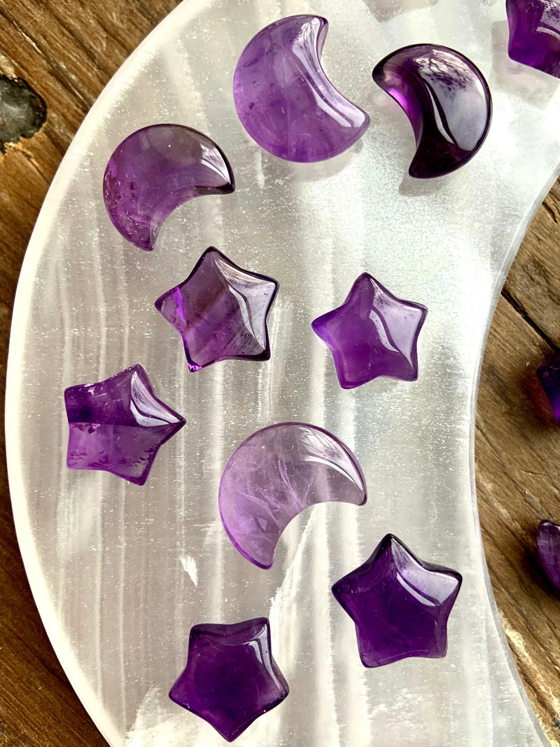 Mini sized purple amethyst crystal moons and stars for crystal gridding, jewelry + crystal crafts
