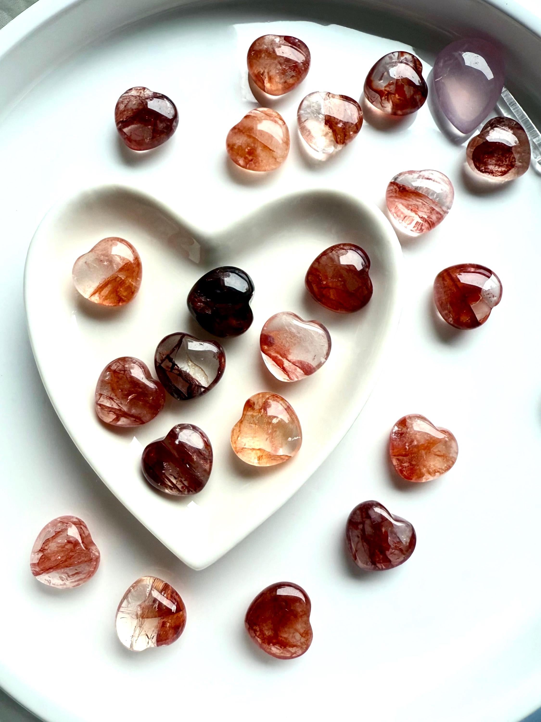 Gemmy, high quality Mini Fire Quartz Crystal Hearts shown in a white heart bowl