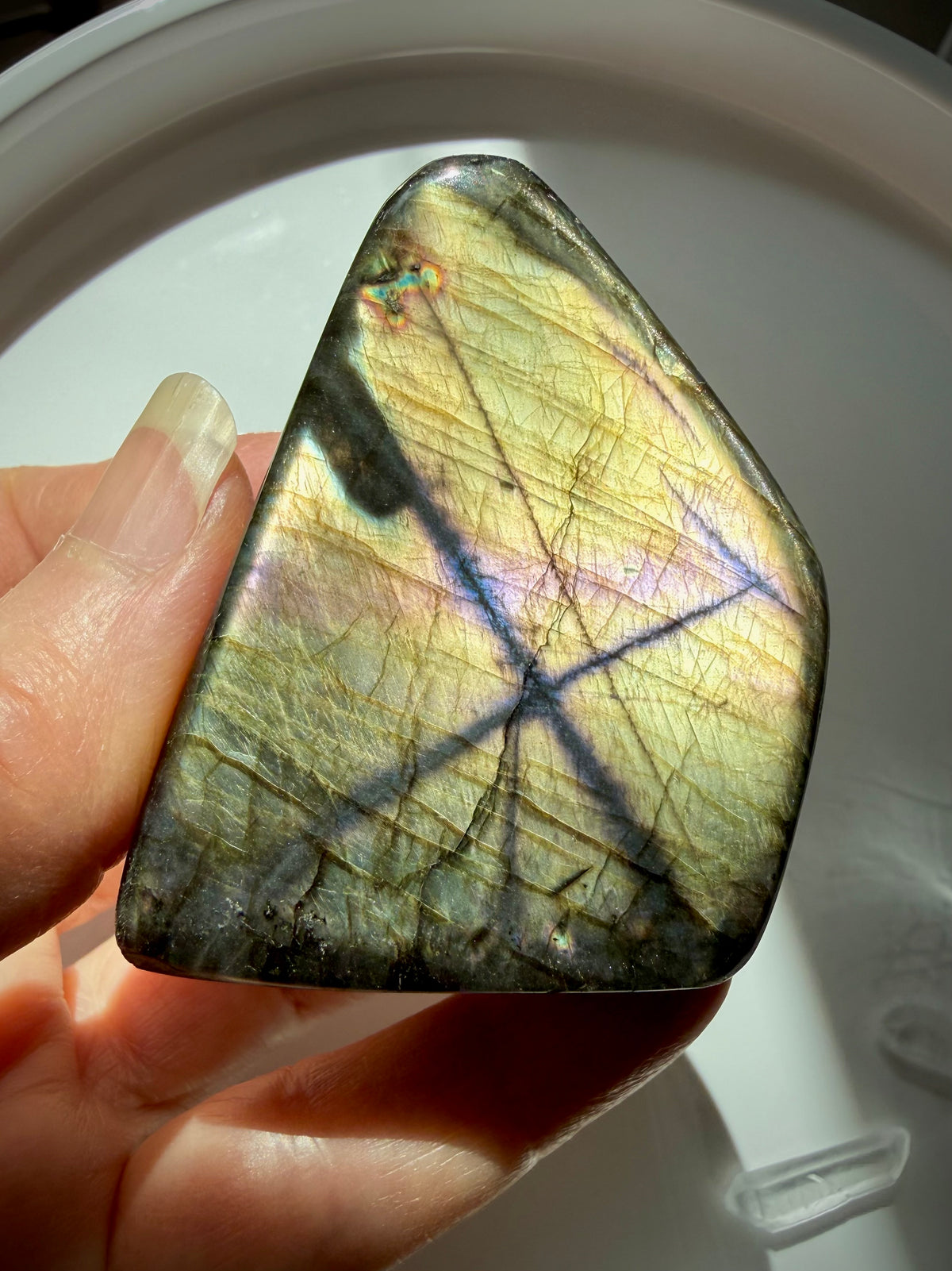 Golden Labradorite freeform crystal with brilliant golden-yellow flash, violet iridescence and natural dark veining for intuition and transformation