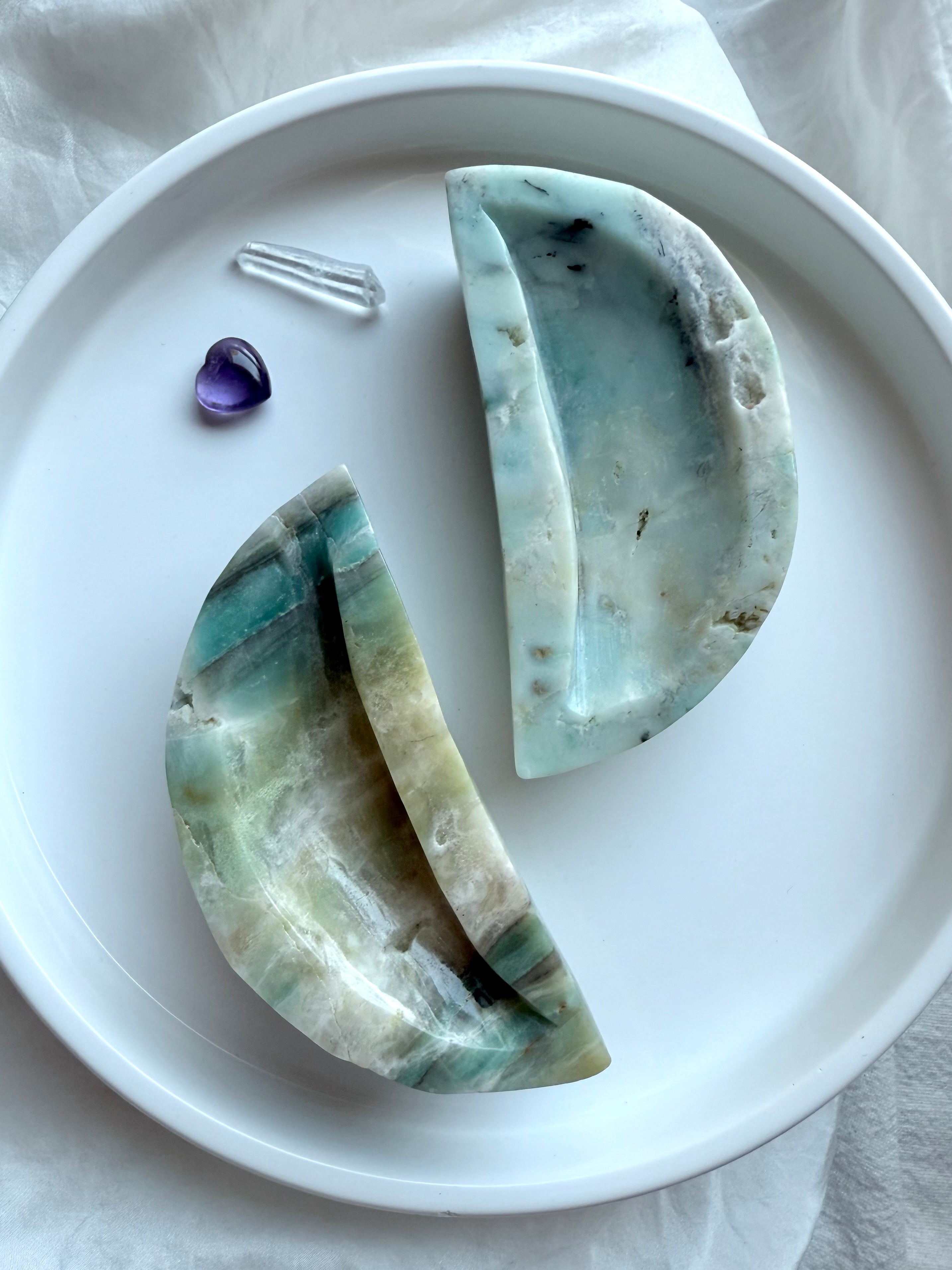 Two Sky Blue Quartz crescent moon bowls with clear quartz point and amethyst heart accent – crystal bowls for manifestation rituals