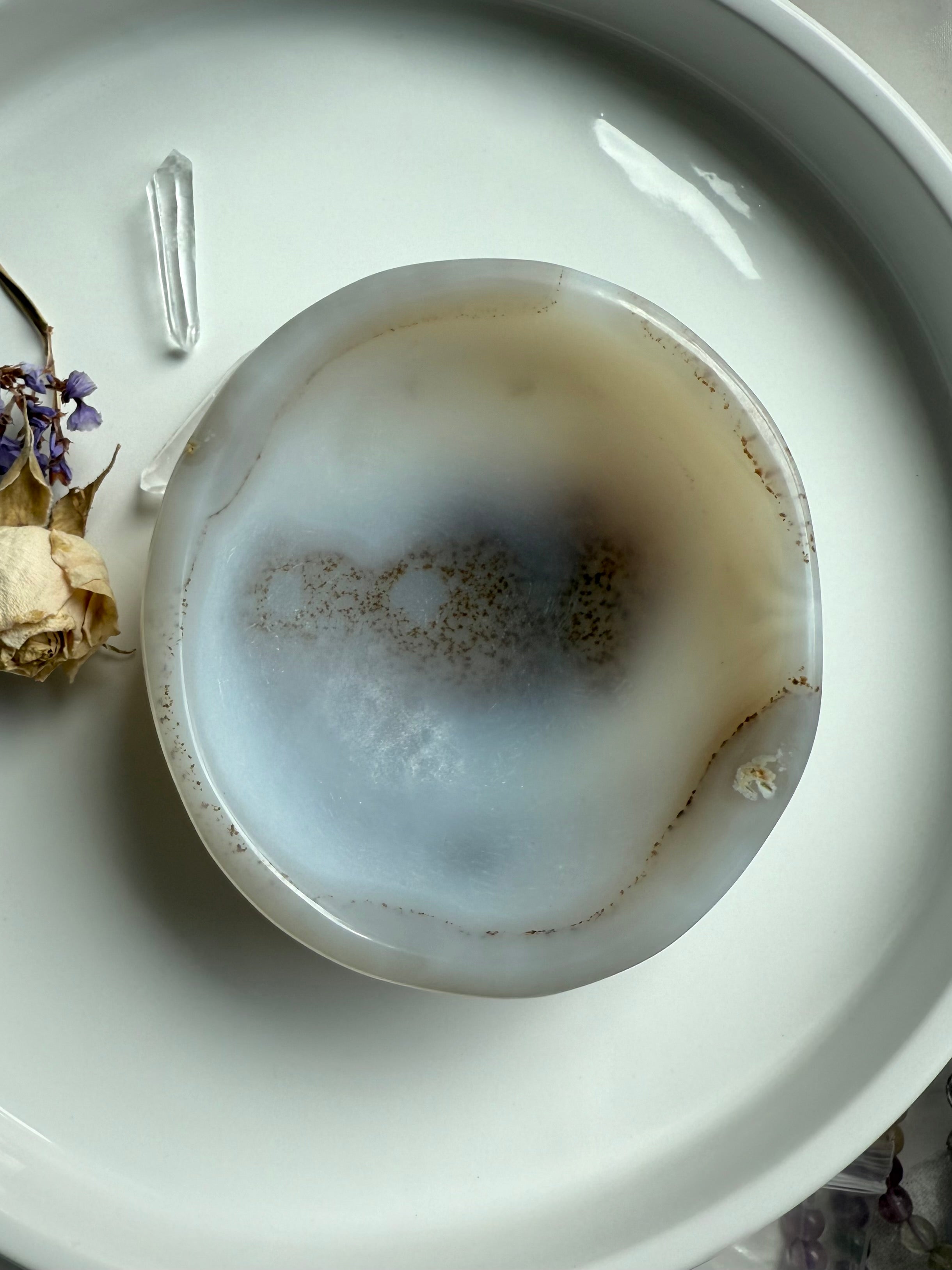 White Agate crystal bowl with translucent white and gray banding, sacred offering dish for peace, clarity, and chakra balance