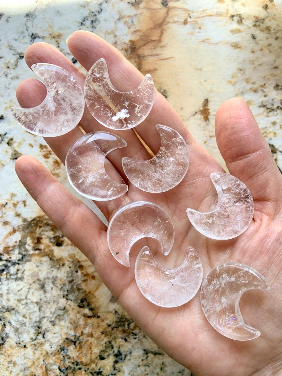 Handful of polished Clear Quartz crescent moons for meditation, crystal grids, and altar decor