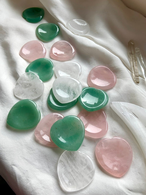 Heart-Shaped Worry Stones in Rose Quartz, Green Aventurine + Clear Quartz