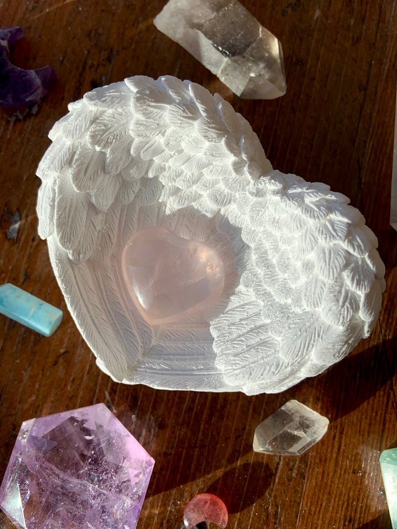 white angel wing heart bowl made from compressed selenite powder