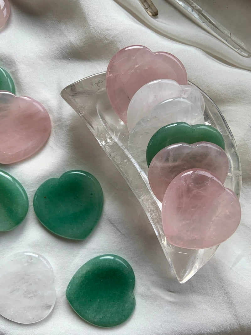 Heart-Shaped Worry Stones in Rose Quartz, Green Aventurine + Clear Quartz