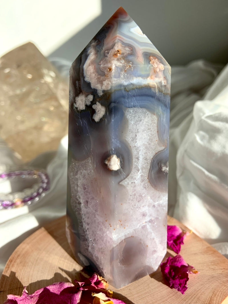 Black Flower Agate Tower with Amethyst