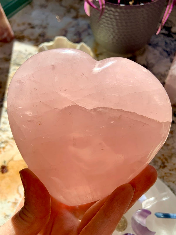 Big ROSE QUARTZ Heart with Rainbows