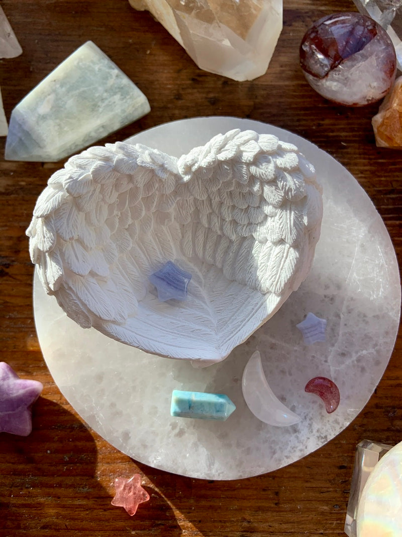 SELENITE ANGEL WING BOWL, Selenite Wing Bowl, Selenite Heart Bowl, Crystal Offering Bowl