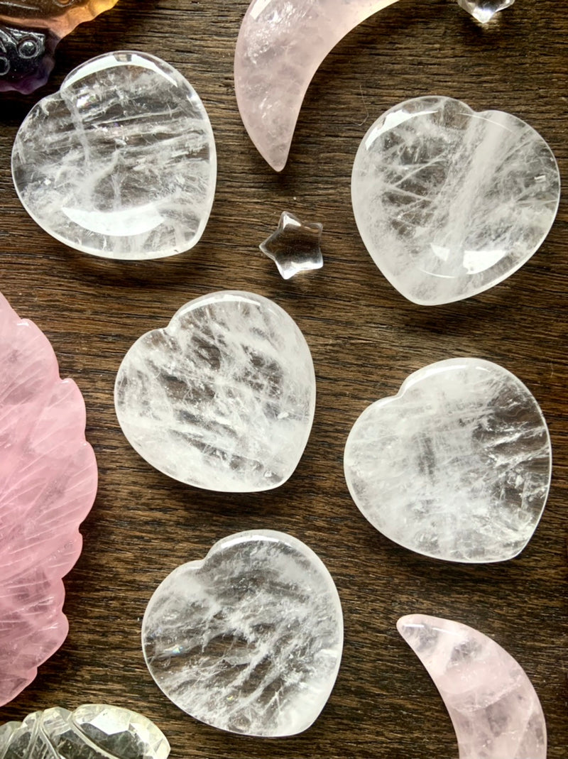 Heart-Shaped Worry Stones in Rose Quartz, Green Aventurine + Clear Quartz