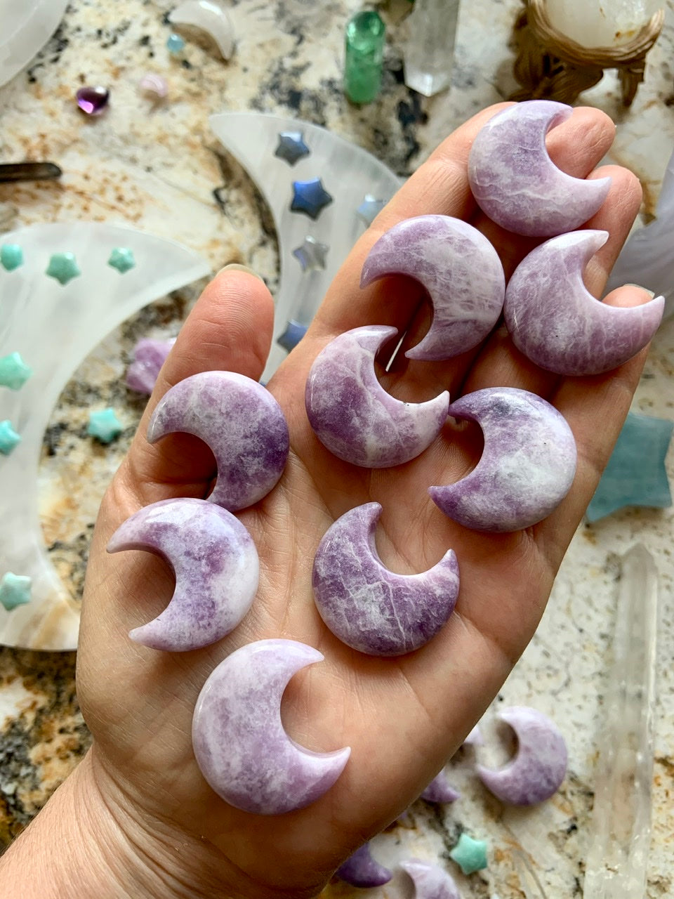 Lilac Lepidolite moon carvings — calming purple crystals for emotional healing, stress relief, and heart chakra balance