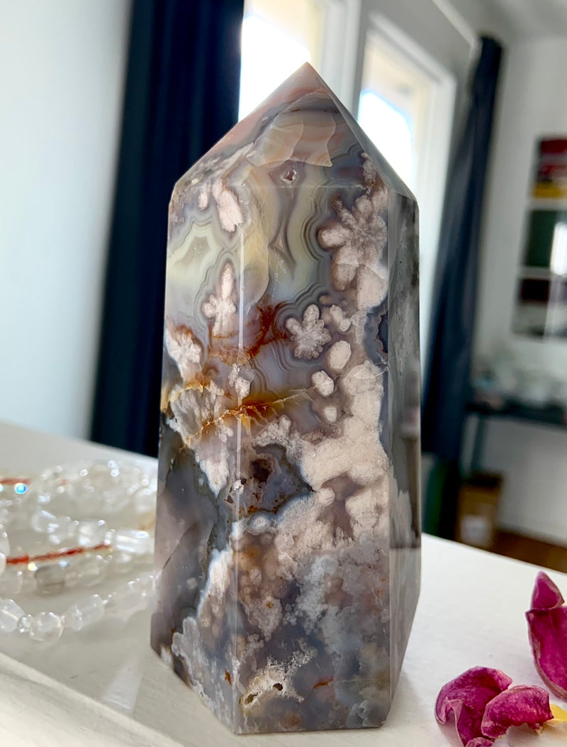 Black Flower Agate Tower with Amethyst