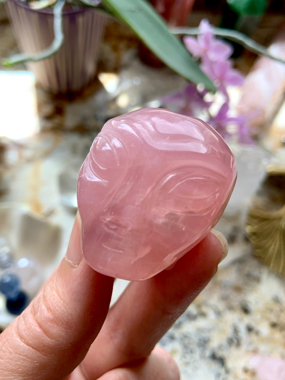 Polished Rose Quartz alien skull carving resting in palm, showing soft pink hues and intricate star being face detail
