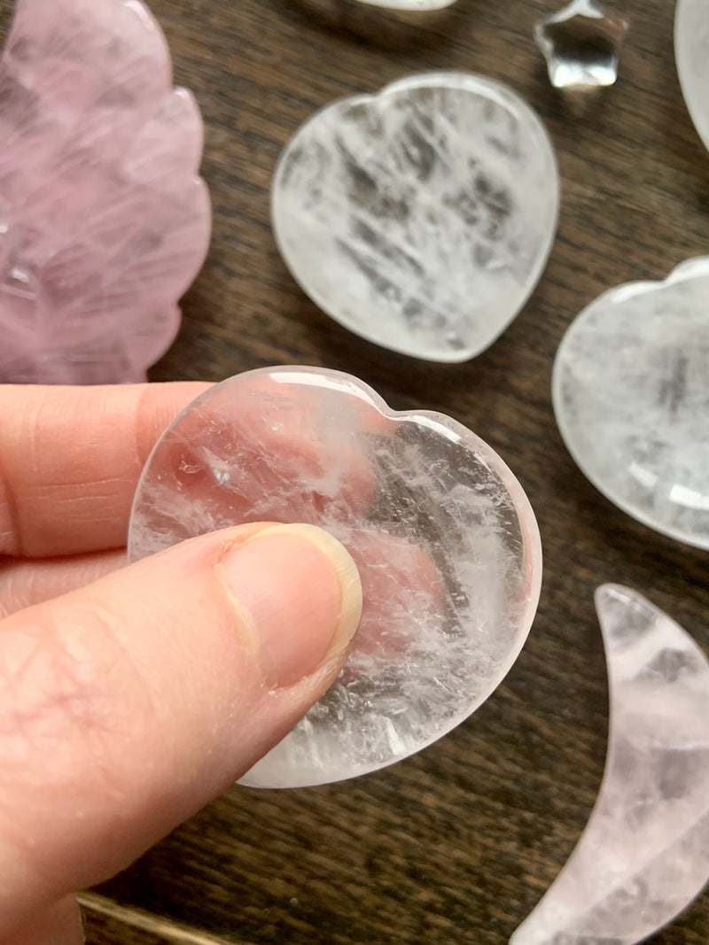 Heart-Shaped Worry Stones in Rose Quartz, Green Aventurine + Clear Quartz