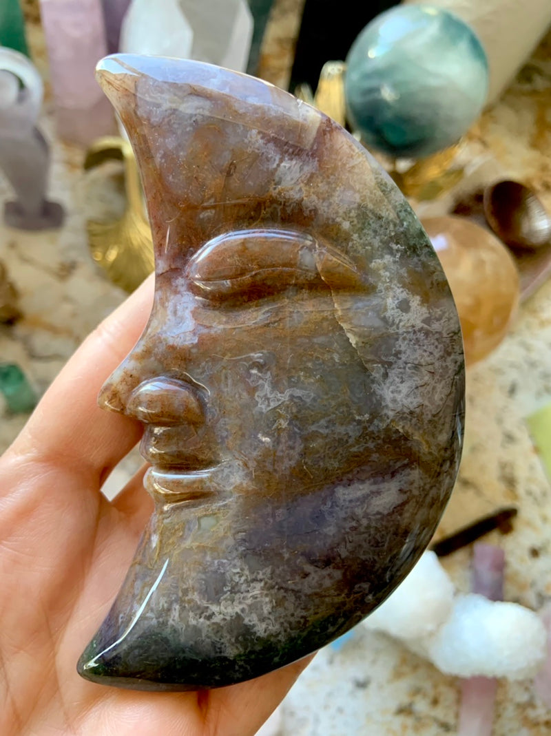 Big  Ocean Jasper Moon Face, Hand-Carved Crystal Moon