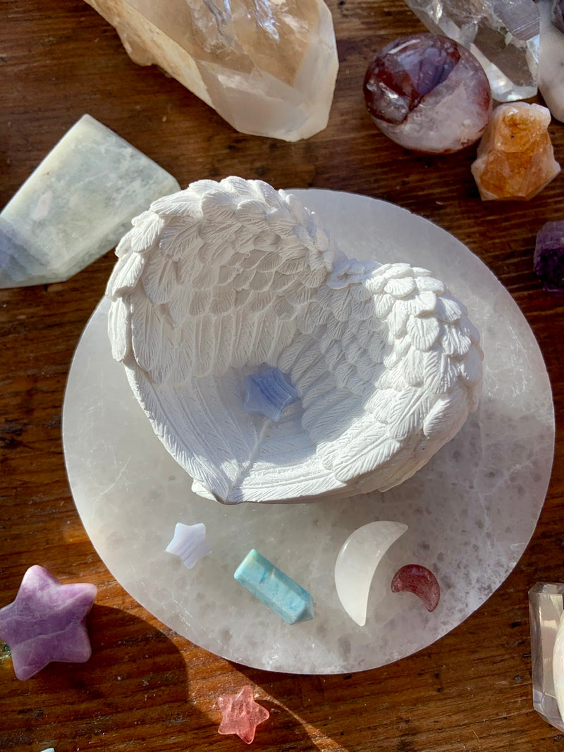 SELENITE ANGEL WING BOWL, Selenite Wing Bowl, Selenite Heart Bowl, Crystal Offering Bowl