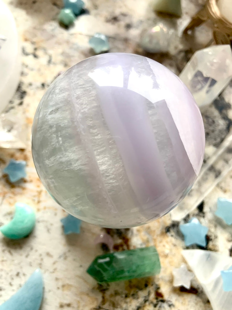 Banded Yttrium Fluorite Sphere with Scolecite Cloudscape # 4