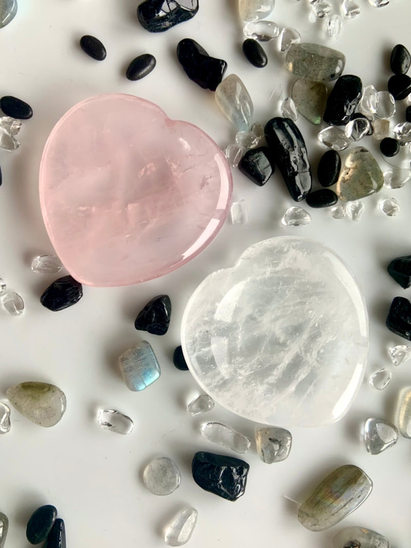 Heart-Shaped Worry Stones in Rose Quartz, Green Aventurine + Clear Quartz