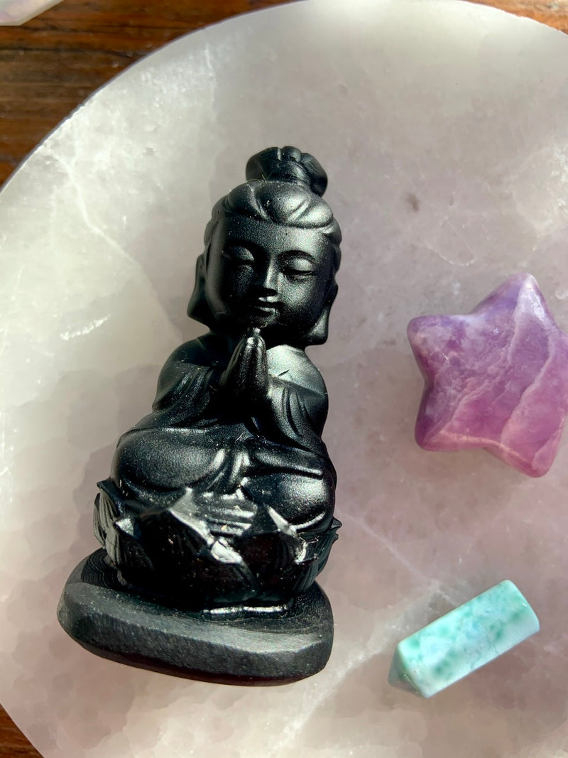 Black Obsidian Quan Yin ~ Meditating Guanyin Goddess Figurine