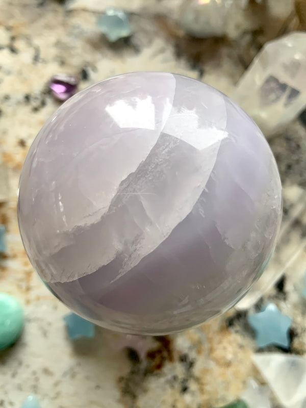 Banded Yttrium Fluorite Sphere with Scolecite Snowflake Inclusions # 2