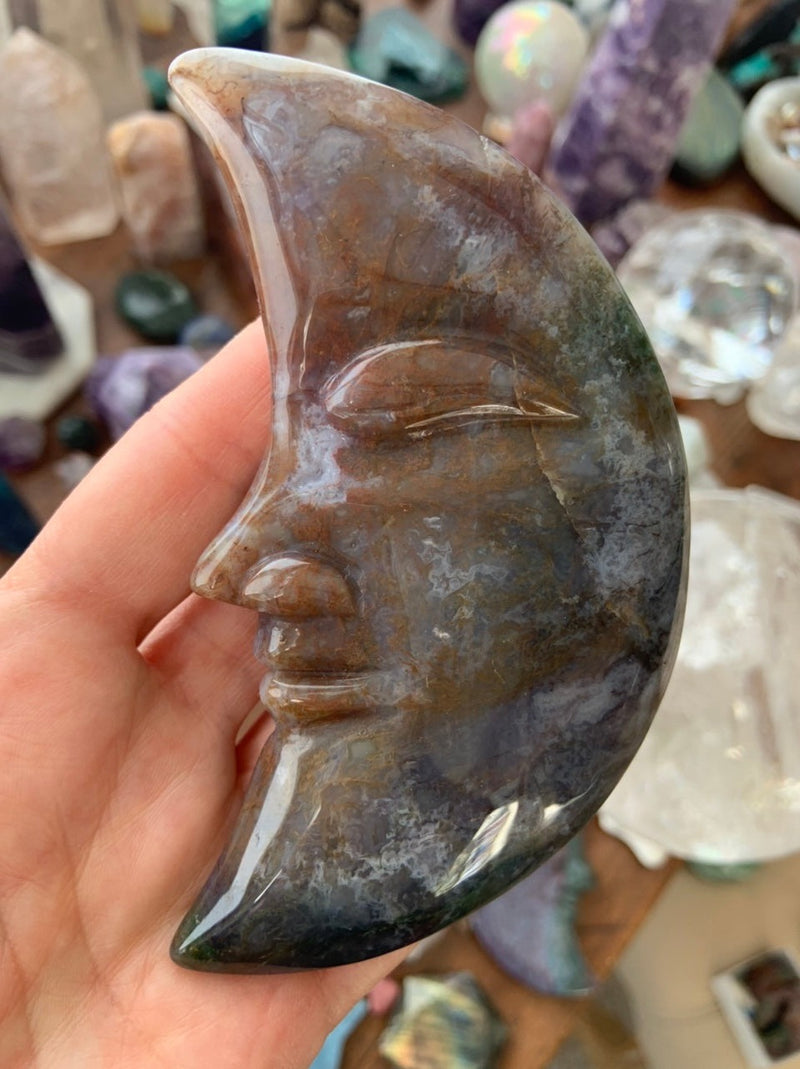 Big  Ocean Jasper Moon Face, Hand-Carved Crystal Moon