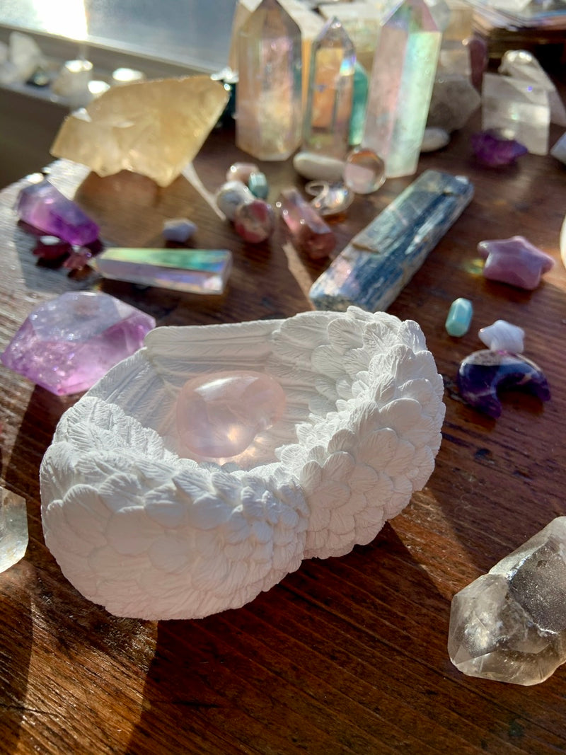 SELENITE ANGEL WING BOWL, Selenite Wing Bowl, Selenite Heart Bowl, Crystal Offering Bowl