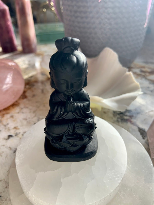 Black Obsidian Quan Yin ~ Meditating Guanyin Goddess Figurine