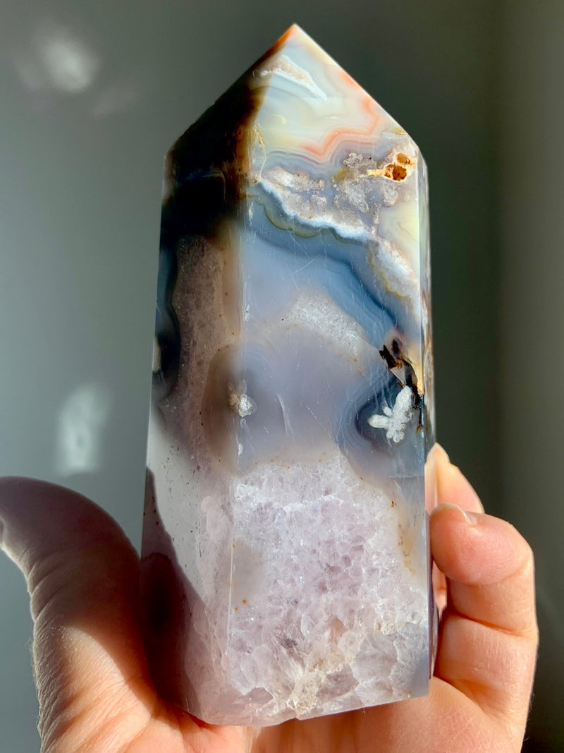 Black Flower Agate Tower with Amethyst