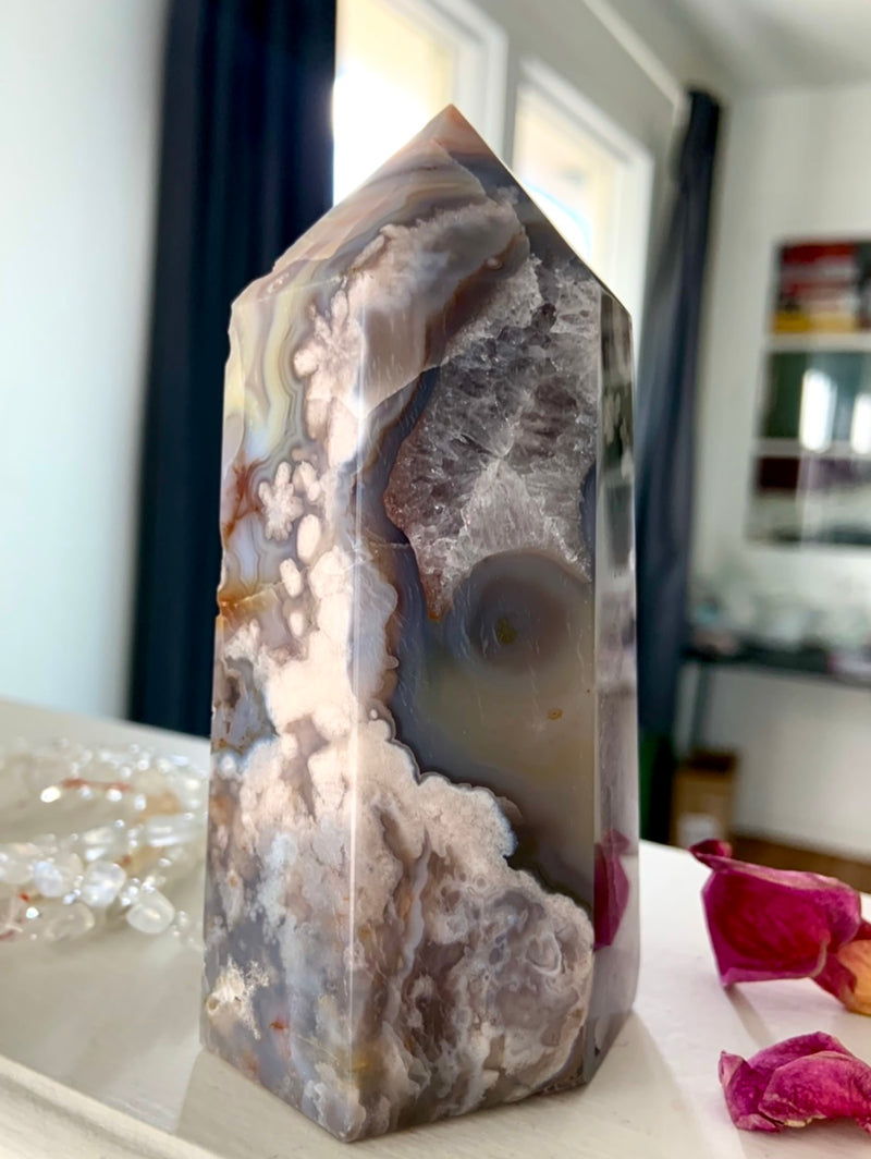 Black Flower Agate Tower with Amethyst