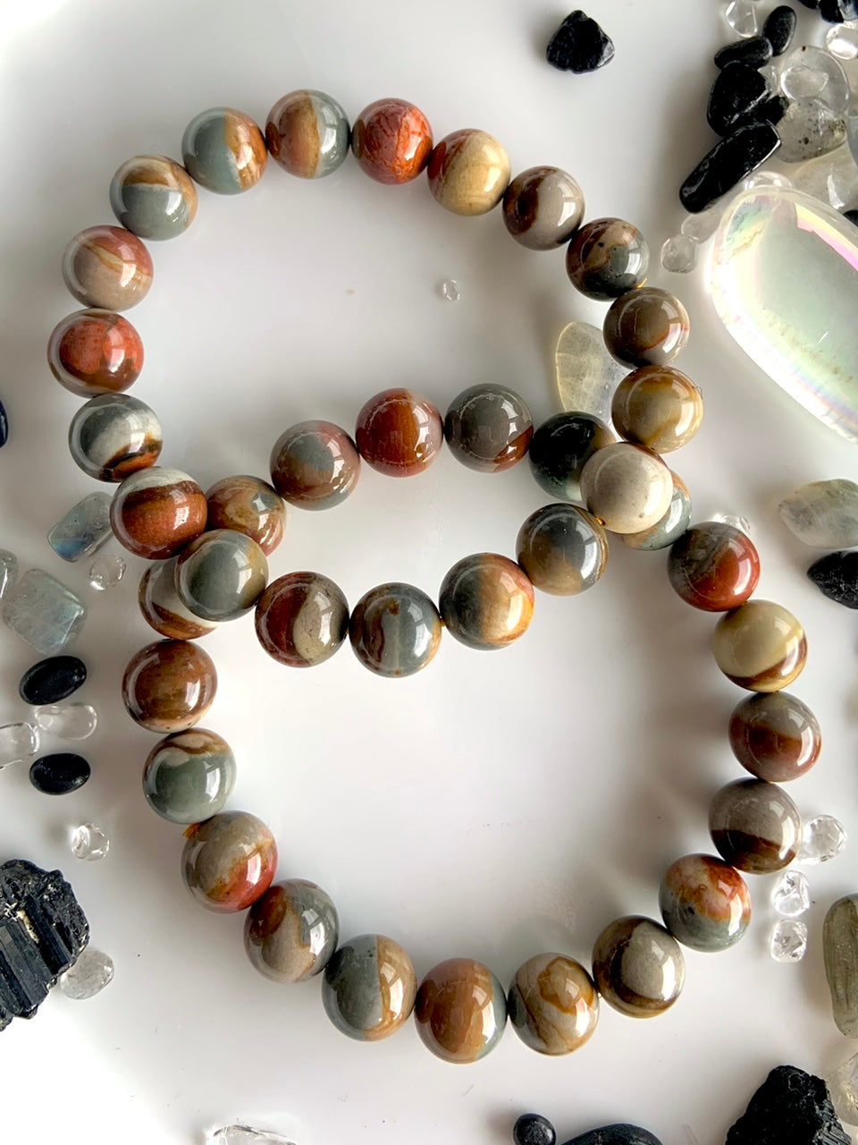 Our Polychrome Jasper bracelets are available in different bead sizes to suit your needs