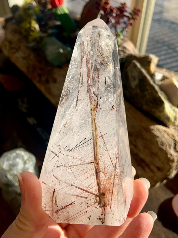 Copper Rutile, Cognac + Black Tourmaline in Quartz Freeform Tower