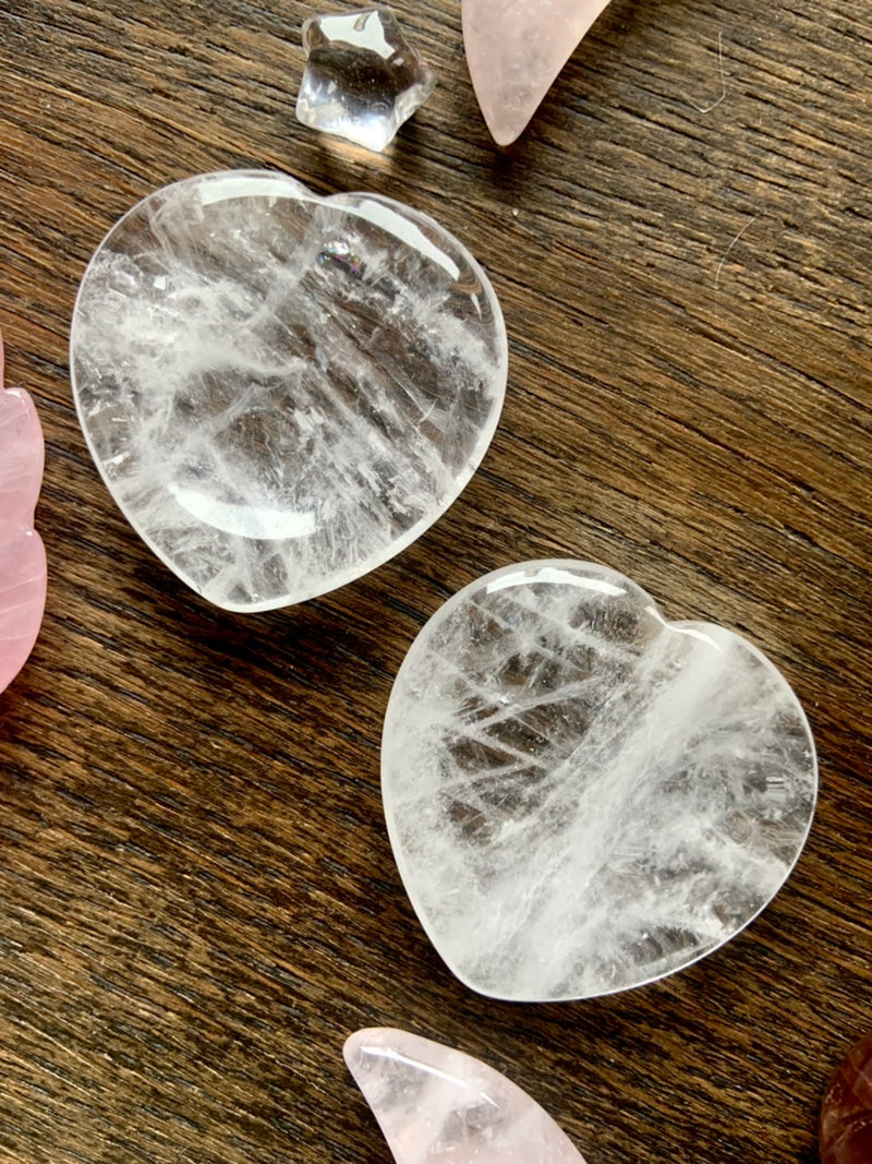 Heart-Shaped Worry Stones in Rose Quartz, Green Aventurine + Clear Quartz