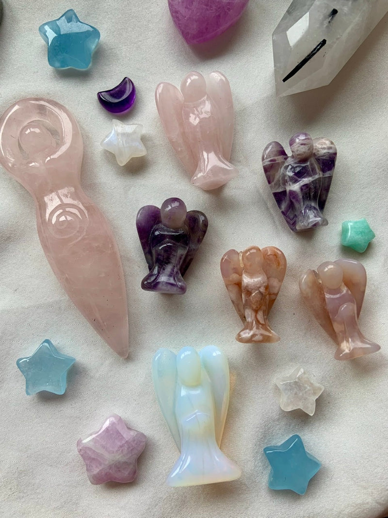 Miniature Crystal Angel Carvings - Choose Flower Agate or Dream Amethyst