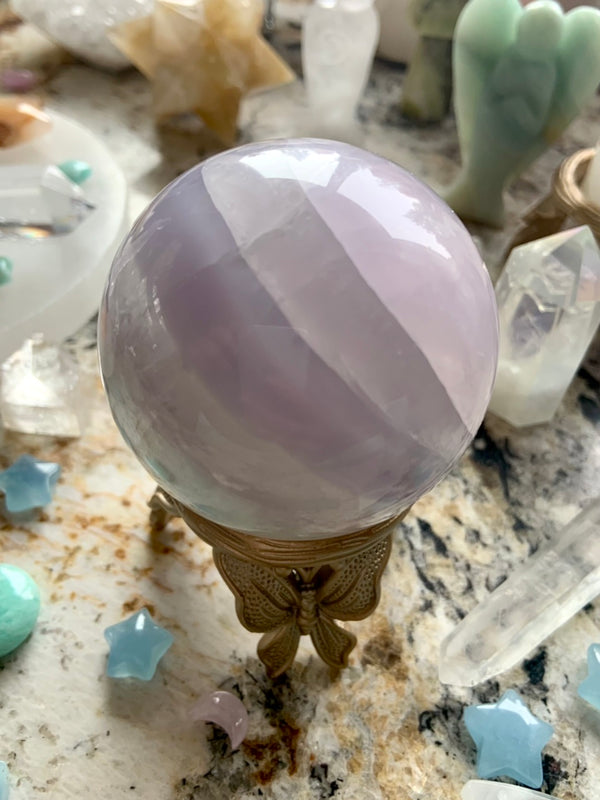 Banded Yttrium Fluorite Sphere with Scolecite Snowflake Inclusions # 2