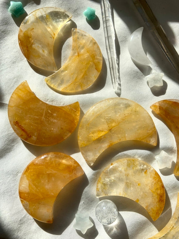 Big Golden Healer Crystal Moons, Hematoid Quartz Crescent Moons