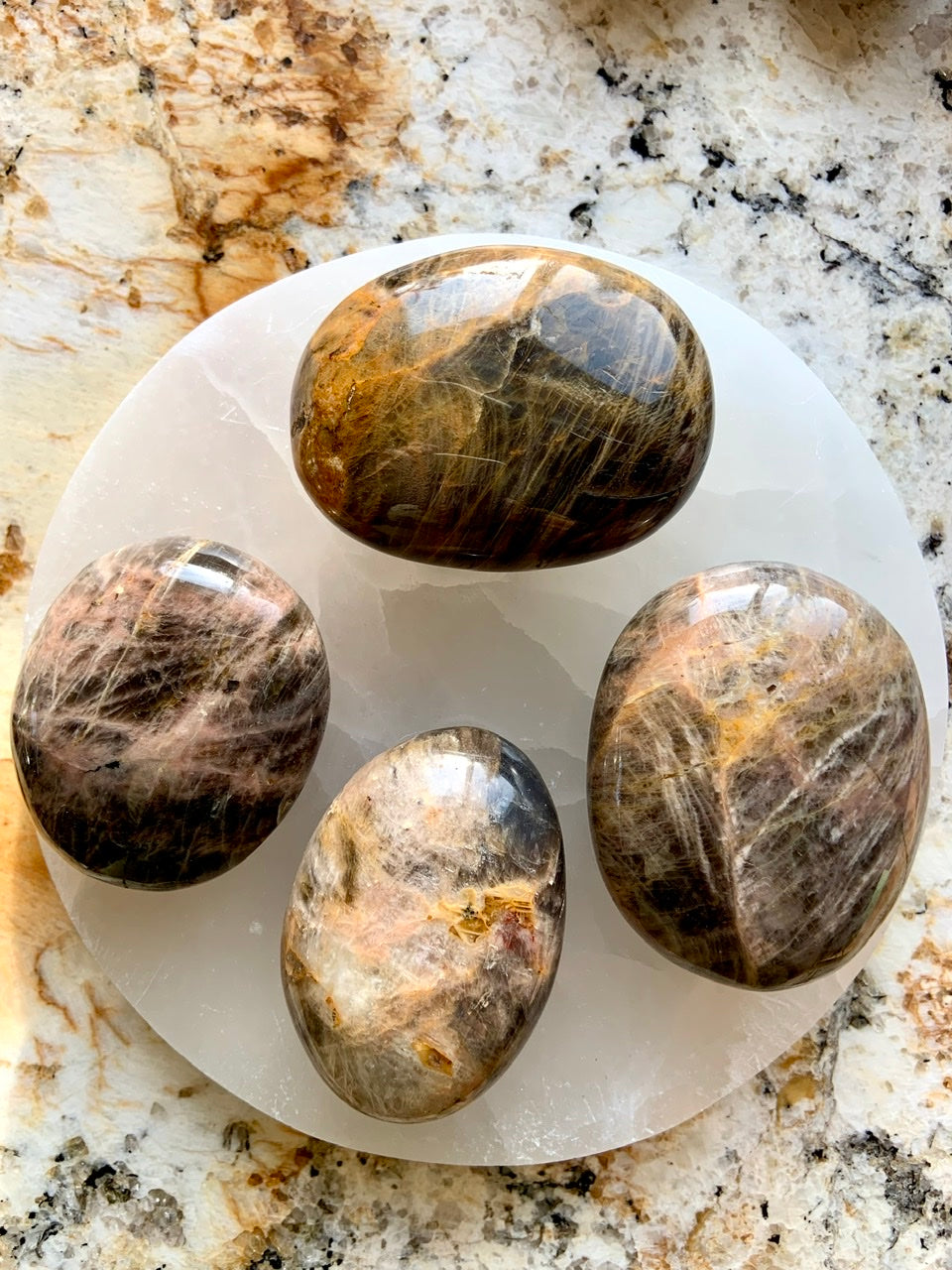 Black Moonstone Palm Stone with Opalescent Flash - Root and Crown Chakra crystals for new beginnings